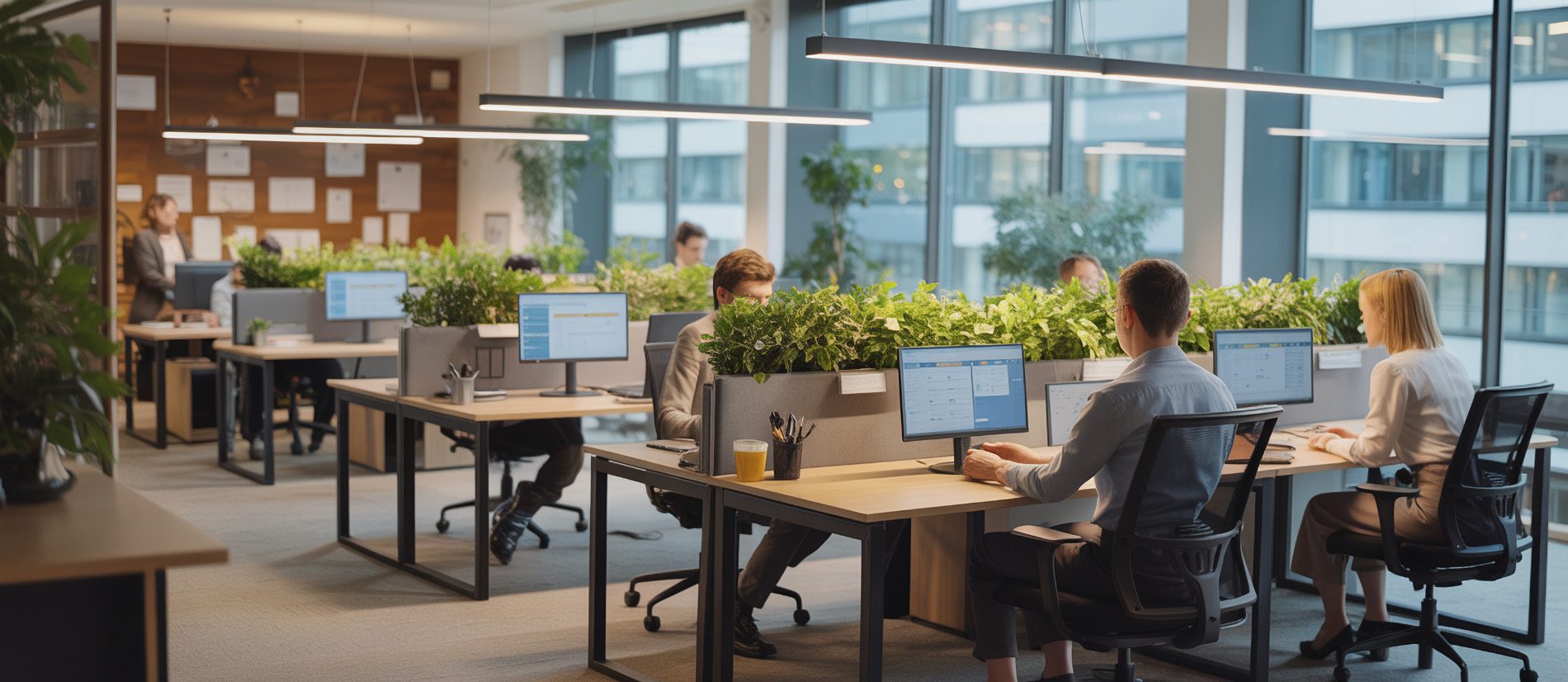 Moderne Büroarbeitsplätze mit ergonomischen Möbeln und guter Beleuchtung.