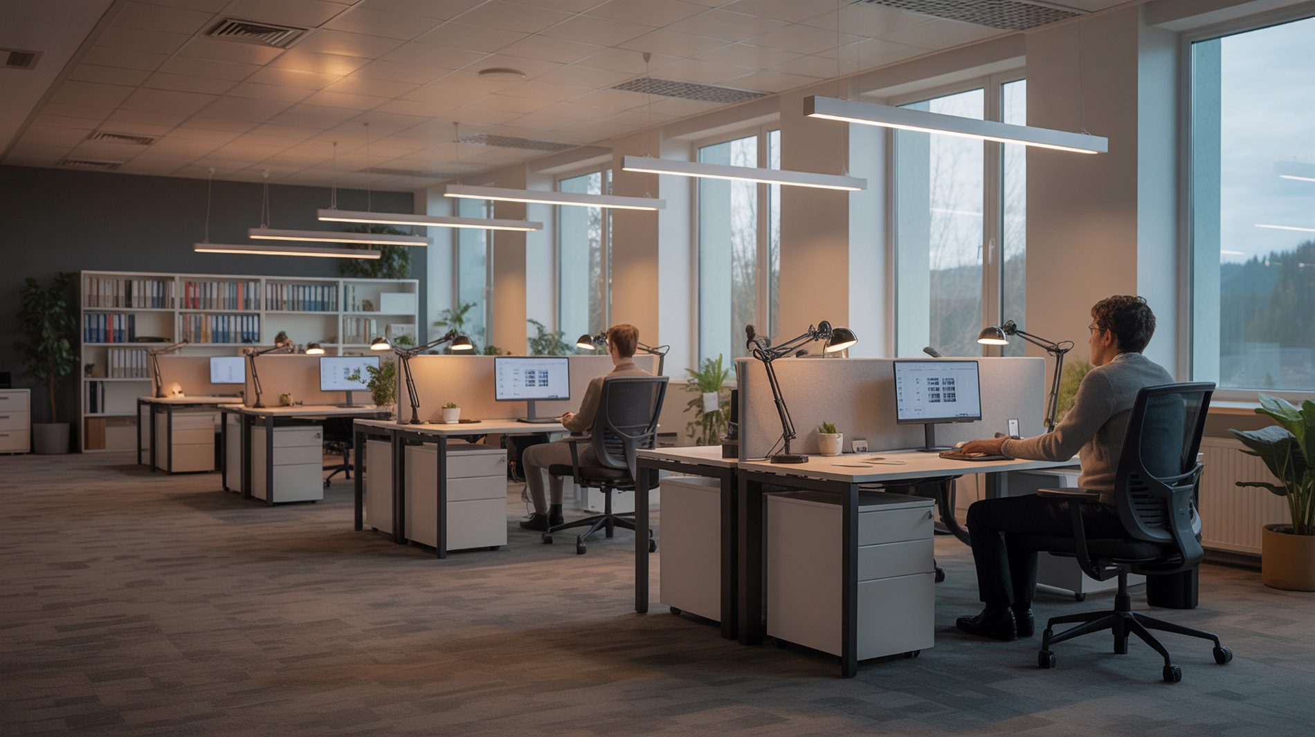 Büro mit natürlichem und künstlichem Licht, das den Mindestbeleuchtungsstärken entspricht.