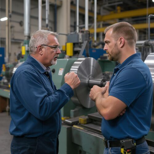 Zwei Maschinenbediener diskutieren fristlose Kündigung wegen Arbeitsverweigerung in industrieller Umgebung.
