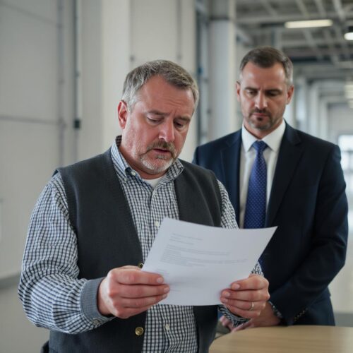 Mitarbeiter prüft Dokument zur betriebsbedingten Kündigung, überwacht von Vorgesetztem im industriellen Büro.