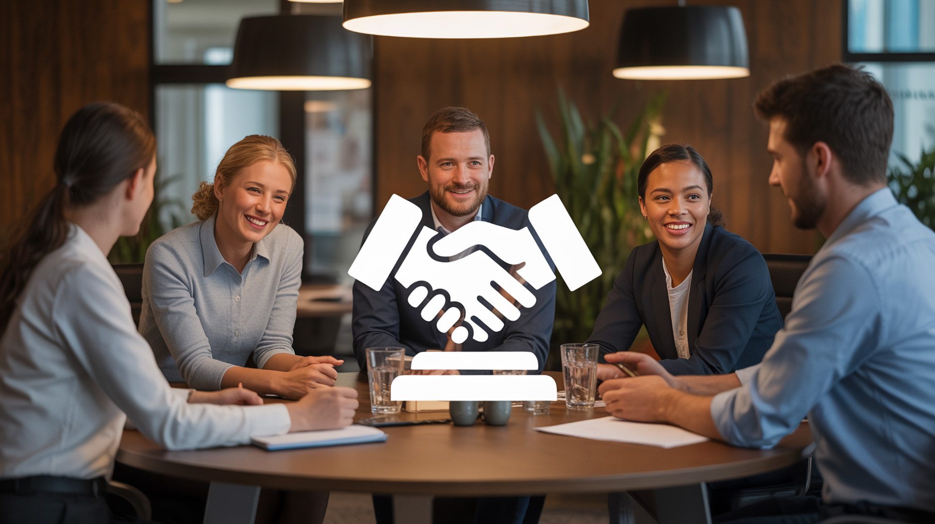 Besprechungstisch im Büro mit symbolischen Elementen zur Mitbestimmung und Zusammenarbeit, umgeben von Mitarbeitern.