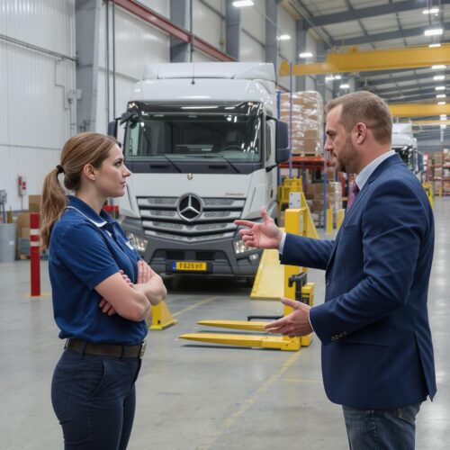 Diskussion über Diskriminierung am Arbeitsplatz in Industriehalle mit Schwerbehindertenvertretung im Gespräch.