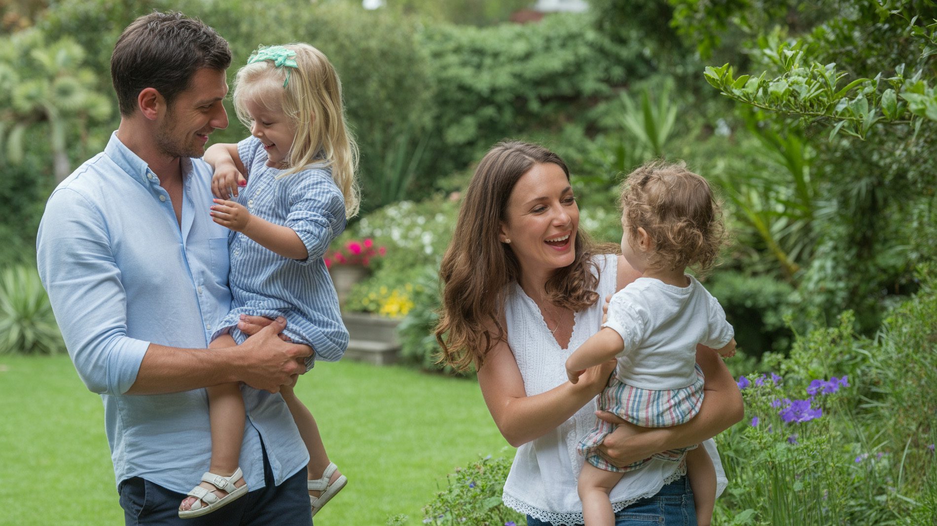 Eine europäische Familie genießt einen Sommertag im Garten.