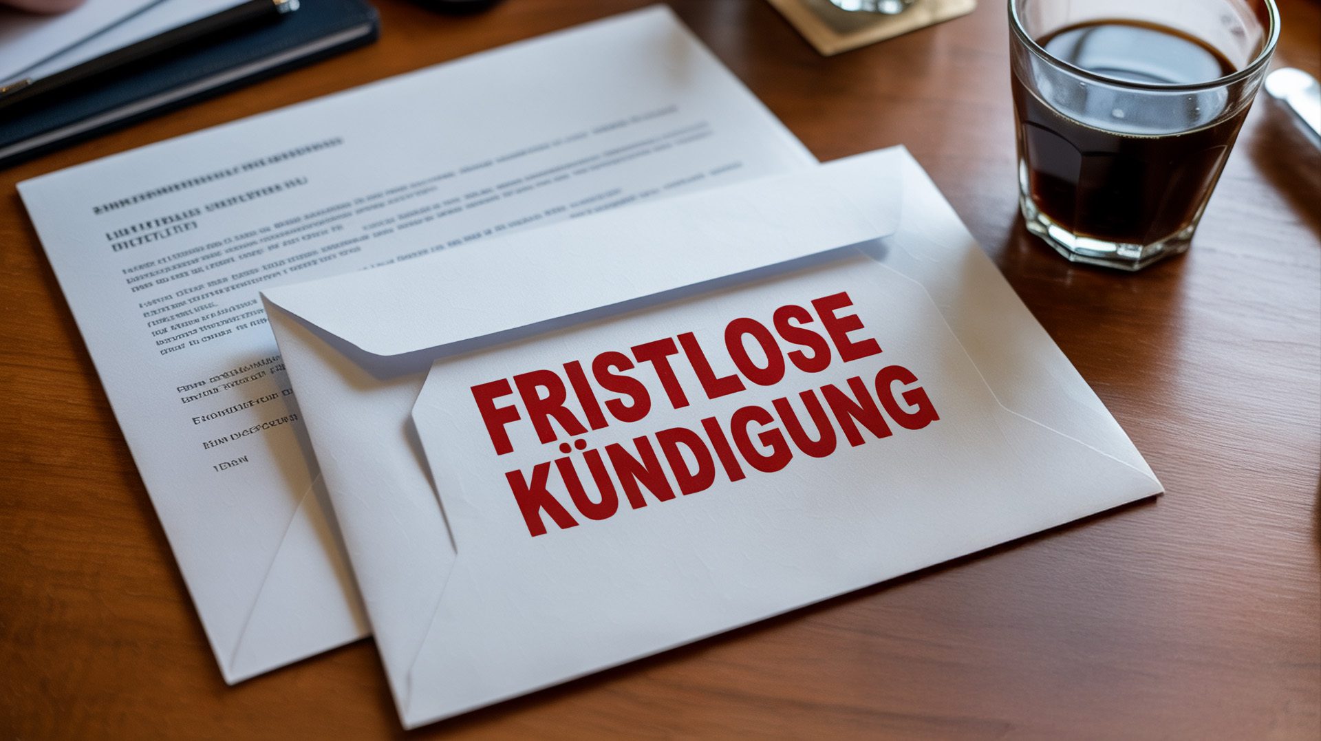 Geöffneter Umschlag mit roter Aufschrift "Fristlose Kündigung" auf Schreibtisch