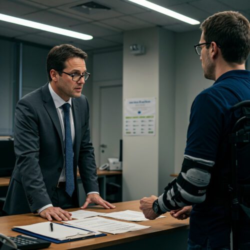 Ein Mann im Anzug diskutiert im Büro über Lohndiskriminierung und Gleichbehandlung im Arbeitsrecht.