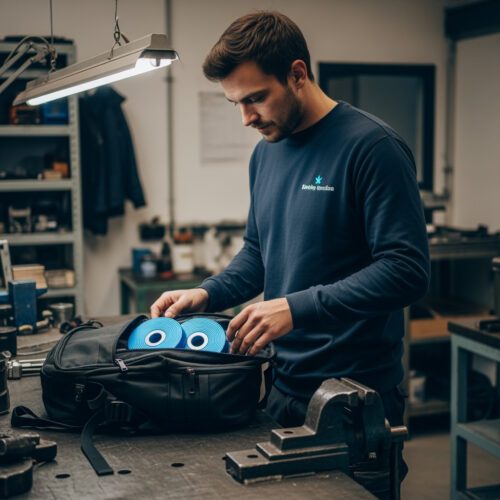 Person packt blaue Objekte in Tasche, symbolisiert Verdacht auf Diebstahl geringwertiger Sachen am Arbeitsplatz.