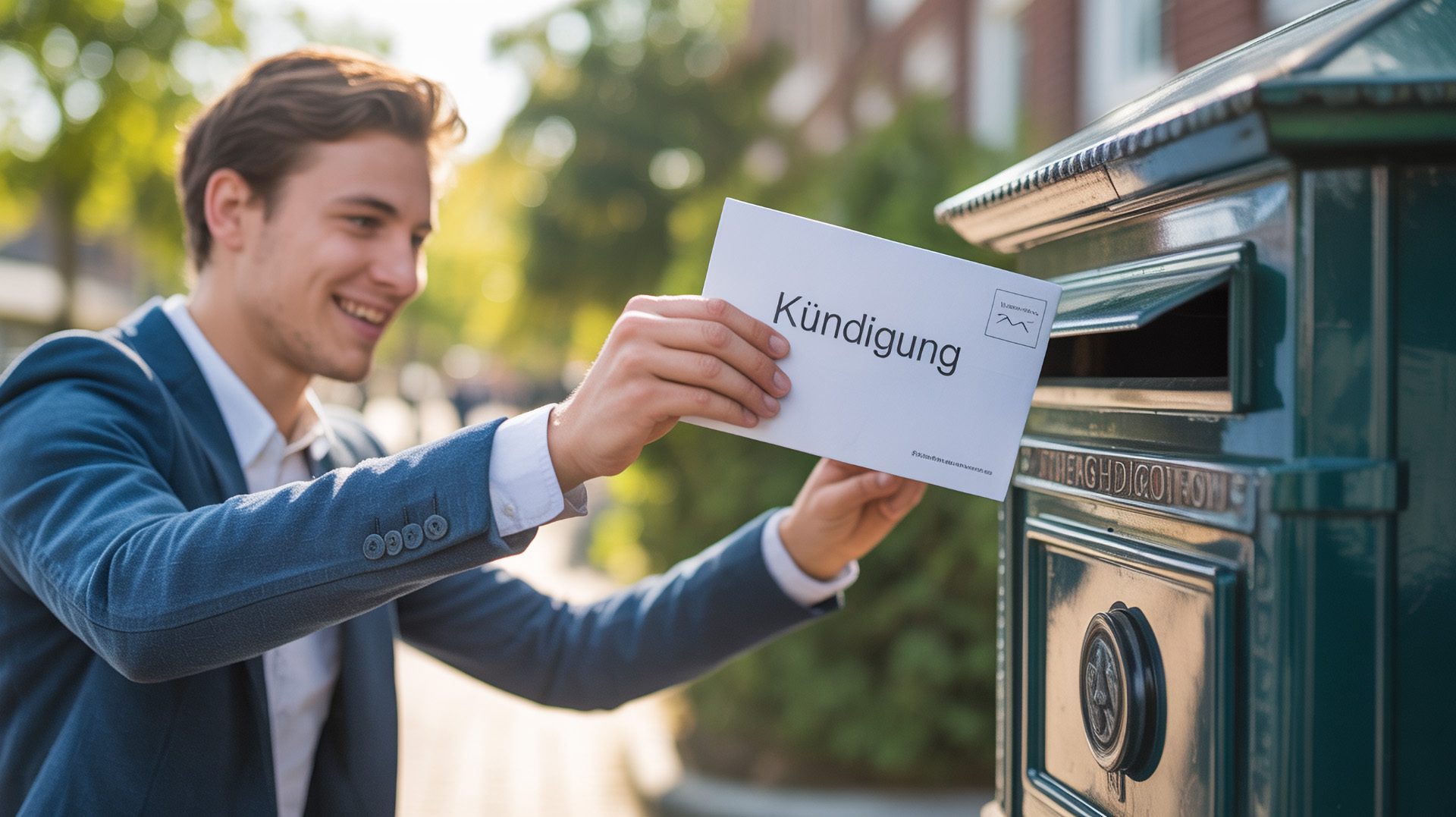 Junger Mann wirft einen Brief mit der Aufschrift "Kündigung" in einen Briefkasten.