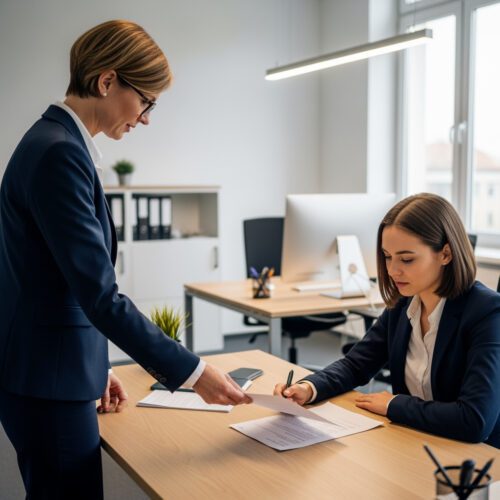 Eine Person übergibt einem anderen im Anzug ein Kündigung Probezeit Dokument zur Unterschrift im Büro.