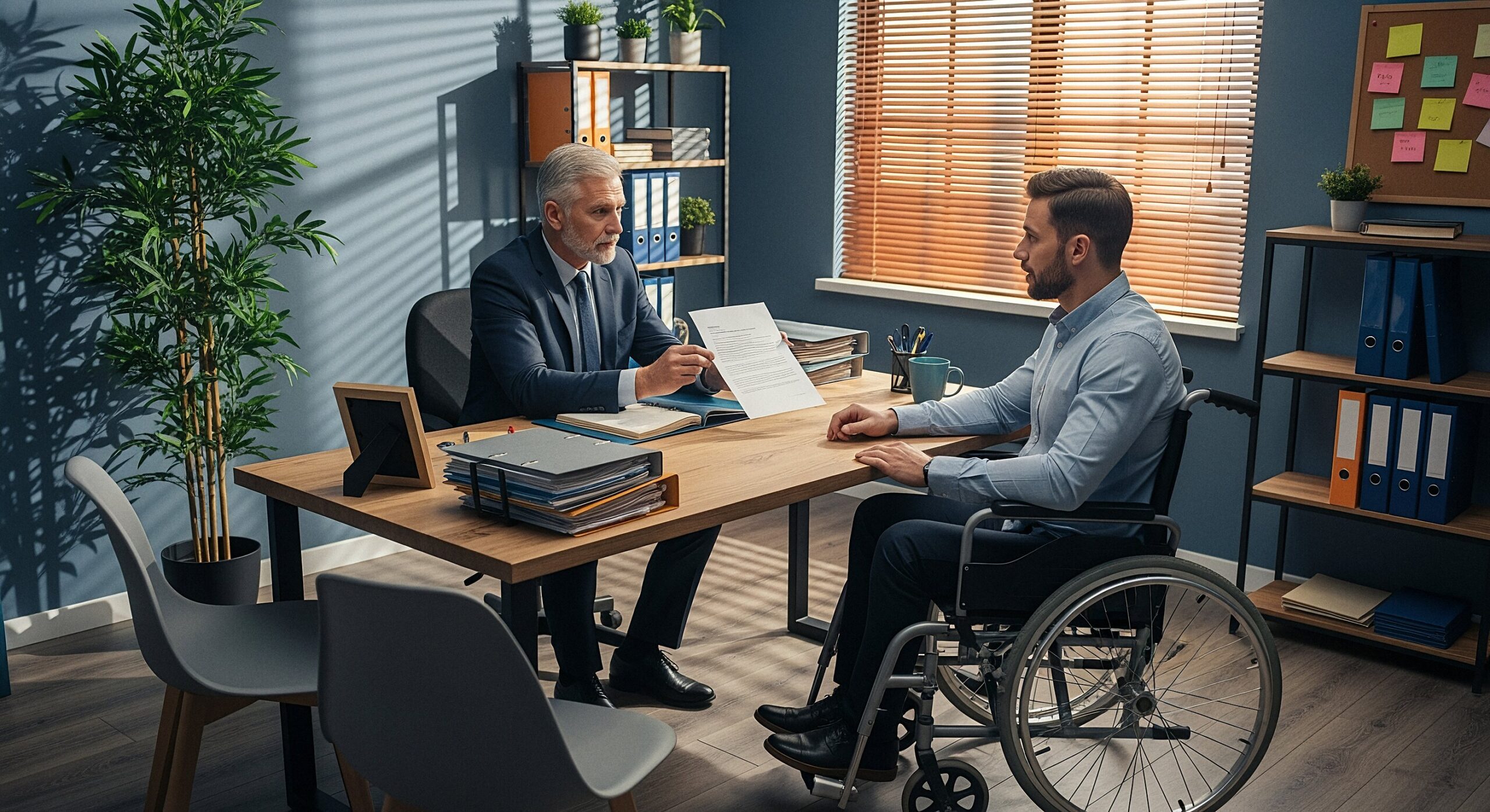 Ein Arbeitgeber im Anzug übergibt einem im Rollstuhl sitzenden Mitarbeiter während der Probezeit eine Kündigung ohne Durchführung des Präventionsverfahrens.