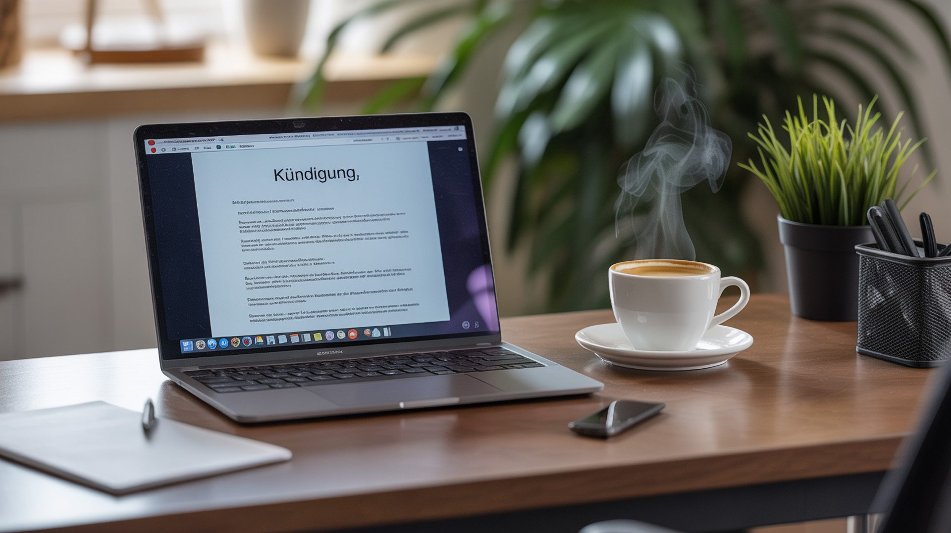 Laptop mit einem Dokument "Kündigung" und einer Tasse Kaffee auf einem Schreibtisch.