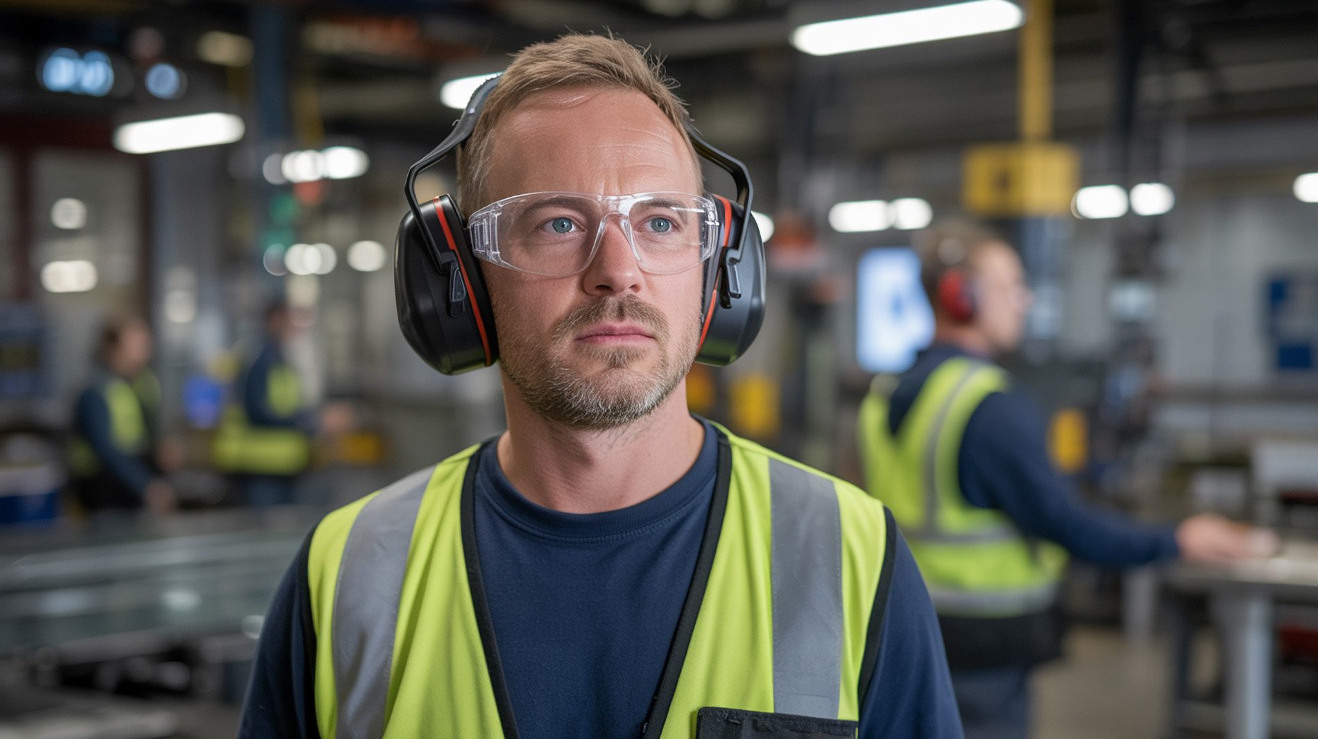 Industriearbeiter mit Gehörschutz in einem lautstarken Arbeitsbereich.