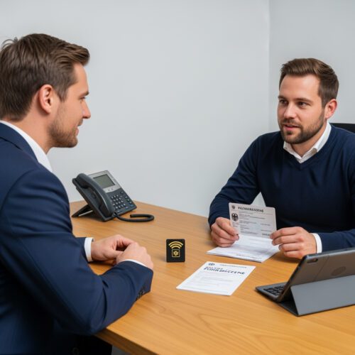 Zwei Männer in einem Büro besprechen RFID-Chip-Führerschein-Regelungen mit Dokumenten und Technik.