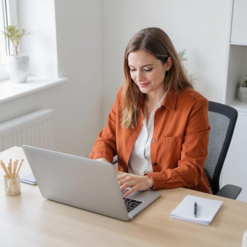 Frau arbeitet am Laptop, reflektiert die rechtliche Prüfung einer unwirksamen Versetzung im Arbeitsverhältnis.